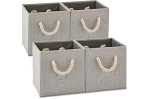 EZOWARE Set of 4 Fabric Bamboo Fabric Storage Basket Bins with Cotton Rope Handle, Foldable Organiser Cube for Nursery Baby Kids Room Toys Home – 28x28x28 cm / Gray