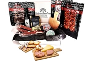 MEDITERRANEAN TREE Caja Cesta Gourmet Regalo - Lote embutidos Ibericos salchichón chorizo y jamon + Pate Iberico de Trufa y Pedro Ximenez + 3 piezas Fuets +Aceite Oliva Virgen Extra + Picos Artesanos