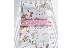 KIDS CLUB Reversible Horseshow Cot Duvet Cover and Pillowcase Set - 90cm x 120cm
