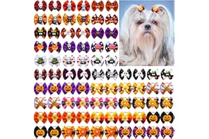 MRUQ PET 80pcs Halloween Small Dog Hir Bows, Dog Bows with Rubber Bands, Bulk Dog Tiny Bows, Handmade Halloween Elements Pet Puppy Yorkie Dog Hair Bowknot Grooming Accessories Supplies (A268+HL013)
