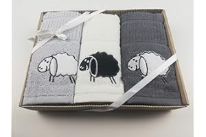 Sue Rossi Ltd 100% Turkish Cotton Tea Towels Embroidered Animal Cooks Cloth 3 Pack Kitchen Towel Gift Box Set Set (Sheep)
