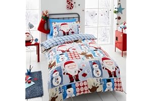 HAPPY LINEN COMPANY Set copripiumino double face - tema natalizio con Babbo Natale - blu - Set copripiumino - per lettino
