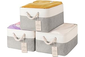 JUNLAI 3 Pcs Storage Baskets with Handles, Foldable Small Storage Boxes, Fabric Wardrobe Storage Basket for Office & Home, Book, Clothes, Toys(Grey and White, Small)