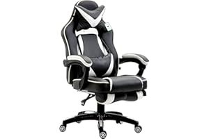 Cherry Tree Furniture CTF High Back Recliner Racing Style Gaming Swivel Chair with Footrest & Adjustable Lumbar & Head Cushion (Black & White)