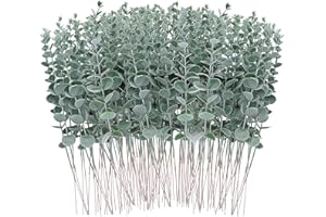FEQO 120 Pcs Eucalyptus Stems Artificial Eucalyptus Leaves 15 Inch Faux Eucalyptuses Branches for Wedding Bouquet Home Decor, Grey Green