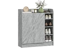 HOMCOM Scarpiera Ingresso con 4 Ripiani Aperti, Scarpiera Armadio Multiuso con Armadietto a 2 Ante e Ripiani Regolabili, Porta Scarpe Salvaspazio per 12 Paia, 83x30x90 cm, Grigio Cemento