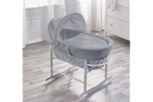 ELEGANT BABY Grey Waffle Grey Wicker Moses Basket with Chester Grey Rocking Stand, Adjustable Hood, Fibre Mattress & Padded Liner