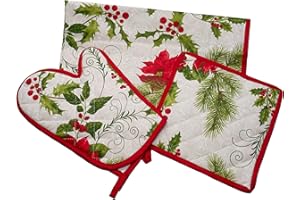 PREZIOSA HOME Set 3 Pezzi,Guanto Forno, presina, strofinaccio, Idea Regalo, Natalizio, Stella di Natale, Alta Resistenza al Cotone