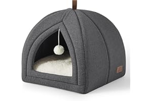 Bedsure Cama para Gatos Grande - Cueva para Gatos 40 x 40 x 40 cm, Casa para Gatos de Interior con Cojín Sherpa Extraíble y Juguete Colgante, Cama Lavable, Gris Oscuro
