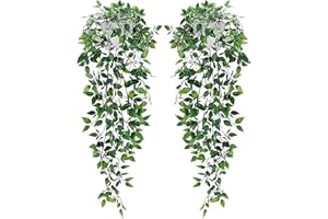 SamArt Artificial Hanging Plants Pack of 2 with White Pots Fake Plant Datura Vines Leaves Potted Decor Home Decoration for Indoor Outdoor Wall Room Patio Office Table Shelf Gifts for Christmas Easter