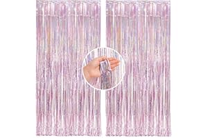 POPOYU 2Pc 1m*2m Halloween Shiny Pink Foil Curtain Door Curtain,Metallic Tinsel CurtainParty Backdrop Curtain.Shimmer Curtains,Fringe Backdrop Hanging Streamer for Halloween Xmas Birthday Wedding Prom Party
