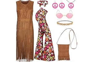 AOTHSO 8 Pcs 70s Women Hippie Costume Set Includes Fringe Vest Bag Pants Headband Necklace Earrings Sunglasses for Halloween