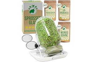 NanaNatura XXL Sprossenglas Starter-Set inkl. 3x 50g Bio Sprossen Samen | Keimglas Set inkl. Microgreens für Sprossen Zucht | inkl. 3 Edelstahl Wechselsiebe, Ständer & Keimschale