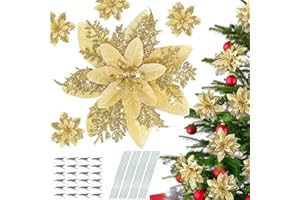 JUSTOYOU 24 Pcs Artificial Gold Christmas Flowers, Christmas Flowers Decoration, 14cm Artificial Ornaments for Party Decor with Clips and Stems Glitter DIY （Gold）