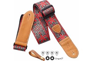 Nefelibata Gitarrengurt,2 "Doppelte Lederenden,Vintage Woven W/FREE BONUS-4 Picks+Strap Locks+Strap Button,Bestes Geschenk für Bass,Elektro&Akustik Gitarren für Gitarre(Vintage rot braun Stickerei)