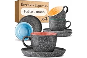 Cosumy Set di 4 Tazzine da Espresso con Piattini - 90ml in Ceramica Gres Spesso con Smalto Reattivo Artigianale – Mantiene il Calore a Lungo (Colorate)