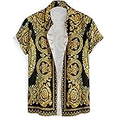 Ngiva Luxury Baroque Print Short Sleeve Shirt, Black and Gold Crown Pattern, Open Front Style
