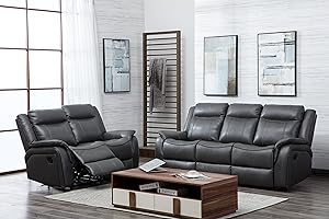 Furnishings For Less UK 2 Piece Leather Aire Reclining Sofa Suite Grey Recliner Hampshire 3 Seater and 2 Seater (3 + 2 Sofa Suite, Grey)