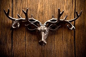 Homezone Vintage Cast Iron Stag's Head Coat Hanger with 6 Antler Coat Hooks Wall Mounted Antique Finish Metal Clothes Hanger Rack Key Holder Home Décor Wall