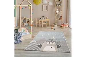 JIMRI Tapis pour chambre d'enfant - Tapis pour chambre d'enfant, tapis pour enfant - Avec montagnes, ours, panda, pois, étoiles - Beige turquoise - Dimensions : 120 x 170 cm