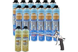DSTOCK60 - Lot de 12 Mousses Pistolables + 1 Pistolet + 2 Nettoyants, Mousse Expansive 750 Ml, Mousse Polyuréthane Professionnelle, Isole, Colle et Rebouche, Extérieur Et Intérieur