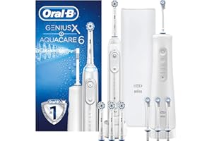 Oral-B Genius X & Aquacare 6 Kit Spazzolino Elettrico e Idropulsore Dentale, 4+4 Testine, Pulizia Profonda e Sbiancante, per Denti Snesibile, Nettalingua Incluso, Batteria Litio, Idea Regalo, Bianco