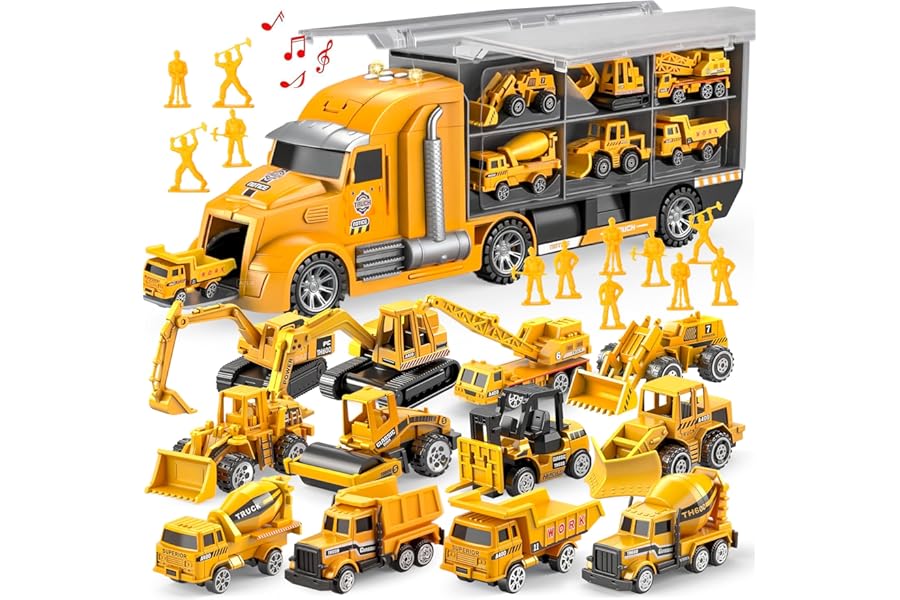 JOYIN 25 in 1 Construction Truck Vehicle Toy Set (Including Transporter Excavator Digger Dumper Tractor) with Sounds and Lights in Carrier Truck, Kids Birthday Gifts for Boys Age 3+