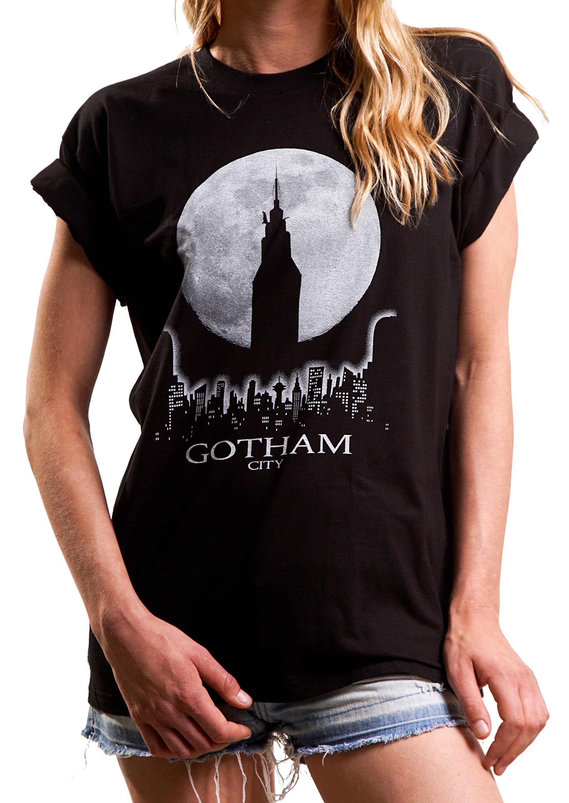 Damen-Oversize-Shirt-Gotham-Kurzarm-Sommer-Top-lssig-geschnitten-mit-Audruck-Batman-Joker-schwarz-Gre-L