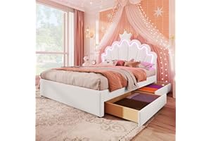 ‎MERAX Merax Kinderbett 140x200, Polsterbett für Mädchen Kronen-Doppelbett mit verstellbarem Kopfteil, 16 Farben LED-Streifen, aus PU-Leder Bettrahmen mit Lattenrost und 2 Schubladen (ohne Matratze), Weiß
