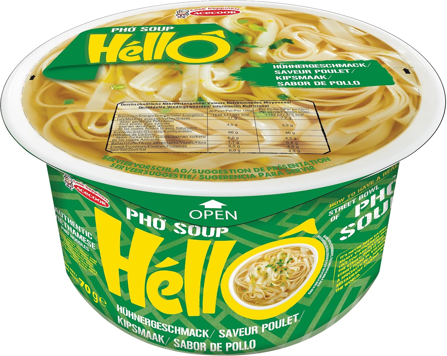 HELLO PHO Fideos instantáneos de arroz, pollo, sin gluten - 1 x 70 g