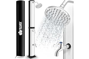 tillvex Ducha Solar con Cubierta Protectora | Ducha Solar de jardín Agua Caliente | Ducha de Piscina sin conexión eléctrica | con Grifo y Cabezal de Ducha de Lluvia (Negro/Plateado, 60 litros)