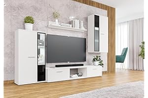 Furnix Mediawand Sarai Schrankwand Wohnwand Wandschrank Wohnzimmer 4-TLG Set - TV Lowboard, Vitrine, Hängeregal, Wandregal Freistehend inkl. LED B240 x H180 x T40,2 cm Farbe Weiß
