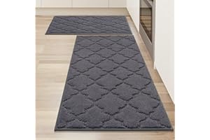 COSY HOMEER Alfombra de Cocina Antideslizante Lavable, Set de 2 Unidades (51 x 76 cm + 51 x 122 cm), Alfombra para Pasillo y Cocina, Ideal para Sala de Estar, Gris Oscuro