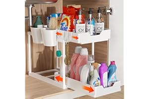 YEXATI Organizador Bajo Fregadero Deslizable 2 Niveles, Estante Organizador Cocina de Gran Capacidad con 2 Cesta Colgante, 4 Ganchos, Deslizante Almacenaje Debajo Fregadero para Cocina, Baño, hogar, Blanco