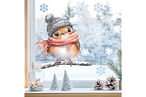 ‎SUNNYWALL Sunnywall Fensterbilder Winter für Kinder Tiermotive in Winterszene als statisch haftende Fenstersticker, WIEDERVERWENDBAR (Rotkehlchen, A4 Bogen)