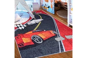 ‎MAZOVIA Mazovia Kinderzimmerteppich Antirutsch - Waschbar bis 30 Grad - Spielteppich Rennauto Auto - Kurzflor Kinderteppich für Kinderzimmer - ÖKO-TEX - Teppiche Junge Rot Schwarz 160 x 230 cm