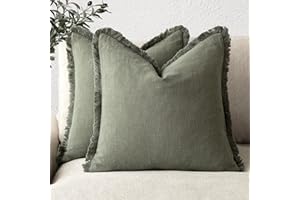 Foindtower – Set of 2 Decorative Linen Throw Pillow Covers with Fringe, Cosy Boho Cushion Covers for Couch, Sofa, Bed, Living Room, Home Decor, 46 x 46 cm, Olive Green