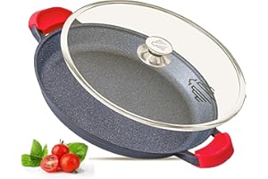 INTIGNIS® Poêle à Paella 36 cm avec Couvercle Verre • Revêtement Céramique GREBLON® • Tous Feux (Induction) • Compatible Four & Lave‑Vaisselle • Coffret Cadeau • 6–8 pers (Noir, 32 CM)