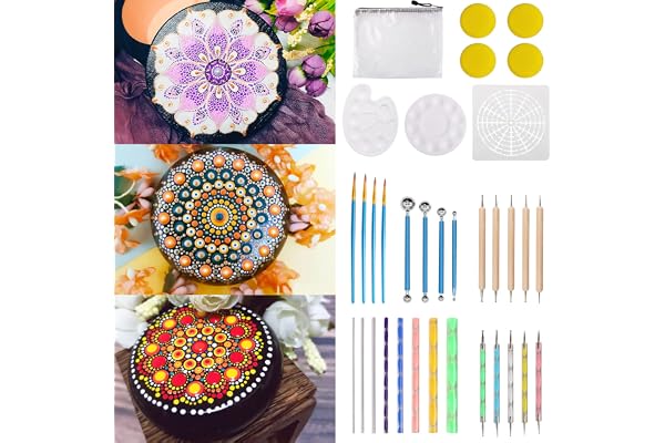 MeYuxg Kit Mandala Peinture 41 Pièces, Pochoir Mandala, Dotting Tools, Galet a Peindre Mandala, Utilisé pour le Dessin de Bricolage de Peintures Rupestres et de Dessins Artisanaux