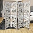 Home & Goods International Wooden Room Divider Partition - Foldable Wood Screen Separator for Living Room, Bedroom, Office, Restaurant - Elephant Carving (Gold & White, Pink)