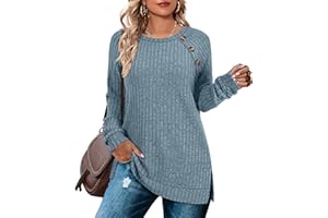 Aokosor Long Sleeve Tops Women Lightweight Jumpers Ladies Button Side Splits Tunic
