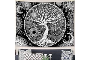 Arawat Dywan ścienny, drzewo życia, motyw drzewa życia, księżyc, słońce, dywan ścienny, czarno-biały, dekoracja ścienna, psychodeliczny dywan, gotycki dywan ścienny, dekoracja ścienna w stylu boho