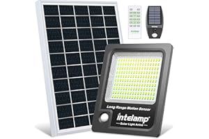 INTELAMP Faro Led Esterno Con Pannello Solare, 12000mAh Fari Solari a Led da Esterno 3000LM Impermeabile Lampione Solare Esterno con Telecomando e Sensore Crepuscolare,Funzione timer, cavo da 5M