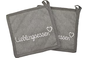 MC-Trend 2er Set Topflappen Lieblingsessen mit Schriftzug 20 cm in grau aus Baumwolle Topfhandschuhe Ofenhandschuhe zum Kochen und Backen Haushalthelfer für optimalem Schutz (2er Set Topflappen)