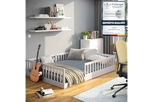 CADANI Timi 2in1 Bodenbett 140x200 cm Montessori Kinderbett mit abnehmbaren Rausfallschutz inkl. Lattenrost, Kiefer Massivholz, weiß - 3 Aufbauvarianten, bis 200 kg belastbar, umbaubar