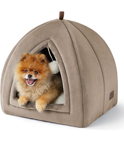 Jiupety Zachte Binnenhuis voor Kleine Honden en Katten - S (38x30x28 cm) Met Draaghandvat, Dog House Met Opvouwbaar, Warme Schuilplaats & Antislip Ontwerp, Puppy-Brown