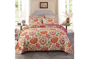 Qucover Colcha de Algodón Cómoda para Cama 150, 3 Piezas Cubrecama 230x250 cm con Patrón de Girasoles Naranjas, Colcha Acolchada Cama 150 con 2 Fundas de Almohada de 50x70 cm