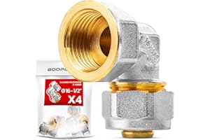 BOOPARTS – Set 4 Pezzi – Gomito a Compressione Multistrato Ø16-1/2"F | Raccordo 90° Filetto Femmina 1/2" a Vite | Per Tubo PEX-AL-PEX 16mm Senza Pressatrice