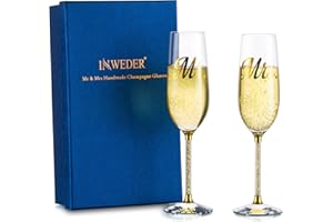 Inweder Copas de Champán Cristal - Juego de 2 Copas de Champán Doradas Personalizadas con Caja Regalo Juego Regalo Flauta Champán Mr&Mrs para Boda Cumpleaños Compromiso Aniversario Novia Novio