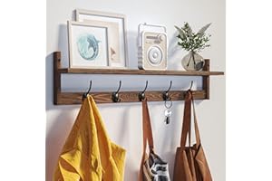 BAMEOS Wooden Coat Rack Wall-Mounted - 73.5cm Length Shelf with 5 Dual Metal Hooks, Entryway Coat Rack for Bathroom, Living Room, Bedroom, Kitchen Decor and Storage (Brown)